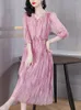 Feestjurken Zomer Vrouwen Casual Midi Roze Chiffon Jurk 2024 V-hals Elegantes Boho Verstoorde Koreaanse Mode Avond Vintage
