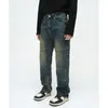 Jeans da uomo stile coreano vintage splicing idea retro lavaggio dritto moda cerniera personalità cotone sciolto tinta unita