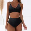 Kvinnors badkläder Kvinnor Hög midja Bikini Set Sexig Push Up Two Piece Baddräkter Solid Color Ruched Swimsuit Beachwear Bathing Suit