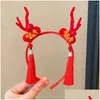 Hair Accessories Dragon Horn 2024 Happy Year Headband Tassel Hairpin Red Bow Chinese Style Hairband Drop Delivery Baby Kids Maternity Ote7O