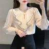 Autumn Womens Long Sleeve Ruffle Collar Vintage Lantern Sleeves Solid Line Spliced Chiffon Shirt Women Tops Blouse Camisas A221 240226