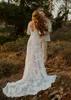 낭만적 인 레이스 얇은 명주 그물 보헤미안 웨딩 드레스 섹시한 등이없는 a 라인 특종 목 아플리케 쿼터 슬리브 신부 가운 플러스 크기 BC18357