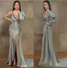 Ilusão Sereia Vestidos de Noite Sexy Vneck Manga Longa Highsplit Sheer Prom Dress Appliqued Frisado Cetim Sweep Train Party Gown1703689