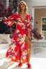 Casual klänningar 2024 Kvinnor som skriver ut lång maxi klänning V-ringning Petal Sleeve Beach Robes Oregelbunden längd Wrap Floral Holiday Vestidos