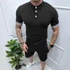 Camisa polo de botão de manga curta masculina de duas peças 2024 conjunto de moda verão masculino casual camiseta e shorts conjunto 240311