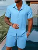 Set da uomo stile spiaggia 2024 Camicia a maniche corte da uomo pieghevole casual in 2 pezzi di alta qualità con texture a righe + pantaloncini Set 240311