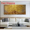 Büyük el boyalı lnife ağaçları tuval paleti altın sarısı resimleri modern soyut duvar sanatı qyliea packing2010214r