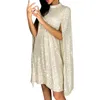 Casual Dresses Ladies Cloak Style Solid Color Waist High Neck Dress Sequin Sexy Elegant Slim Party