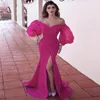 Vestidos de noche rosados atractivos del tamaño grande de las mangas largas hinchadas para las mujeres Vneck Satin Side Slit Sweep Train desfile sirena Robe De Soiree2266931