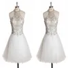 Glitter High Neck White Short Homecoming Prom Dress Cheap Sheer Neck Rhinestones Sequins beaded Top Tulle Beaded Graduation Cockta2279938