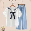 Junior middelbare school student meisje zomeroutfit College-stijl pak in westerse stijl Marine kraag shirt met korte mouwen Casual broek met wijde pijpen Tweedelige set