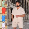 Mens loose short sleeved shirt and shorts set cotton linen set V-neck shirt vintage sportswear summer 2 pieces 2023 240311