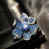 Cluster Rings Three-dimensional Design Inlaid Blue Crystal Blooming Big Flower Ring Ladies Light Luxury Style Banquet Jewelry