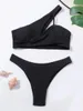 2024 costela um ombro conjunto de biquíni tanga maiô feminino sólido acolchoado banho feminino sexy maiô natação verão beachwear 240311