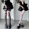 Chaussettes longues en dentelle pour femmes, noir et blanc, Sexy, au-dessus du genou, bretelles avec nœud papillon, hauteur du genou, bas en résille, Lolita, cuisses