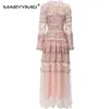 Casual Dresses Maryyimei 2024 Vintage Fashion Designer Dress Women's Mesh broderad genomskinlig Lantern Sleeve Slim White Long