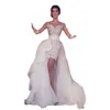 Spets 2022 korta klänningar bröllop arabisk sexig mantel brudklänningar med löstagbart tåg illusion långärmad applikationer strand brud klänning gg