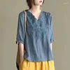 Women's T Shirts 2024 Summer Fashion Large Clothing Vintage Embroidery Cotton Linen Loose V-neck Middle Sleeve Shirt Pullover Tops
