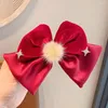 Hair Accessories Crystal Crown Children Red Velvet Bow Hairpin Pearl Plush Chinese Year Headwear Tang Suit Clip Cloth