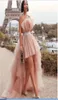 먼지가 많은 분홍색 하이 로우 댄스 파티 드레스 벨트 홈 커밍 드레스 플러스 크기 여자 파티 스커트와 함께 끈이없는 멍청한 얇은 명주 그물 1804567