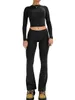 Kvinnor Fall Two Piece Outfit Tight Long Sleeve Crop Top med Low Rise Flare Pants Lounge Set Yoga Tracksuit240311