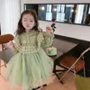 Green Childrens Clothing Girl Spring Dress Patchwork Mesh kjol Baby Princess 240306