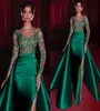 Elegante sereia vestidos de noite 2021 verde vestido formal mangas compridas cetim sexy fenda contas festa baile vestidos de noiva1410348