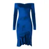 Casual Jurken Vrouwen Fluwelen Elegante Cocktail Party Dames Sexy Off-Shoulder Lange Mouw Bodycon Jurk Glanzende Ruches Ruches Gewaad vestido