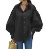 Kvinnors blusar Casual Women Shirt Lantern Sleeve Slå ner krage övre höstens eleganta solida långa skjortor Formella arbetskläderkontor