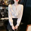 Autumn Womens Long Sleeve Ruffle Collar Vintage Lantern Sleeves Solid Line Spliced Chiffon Shirt Women Tops Blouse Camisas A221 240226