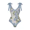 Women's Swimwear Women V-Neck One Piece Swimsuit Sexy Backless Beach Bikini Fashion Floral Print Beachwear Cover Up Vintage Bandage Bathing