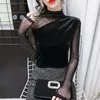 T-shirts pour femmes Sexy Sheer Mesh Patchwork Paillettes Élégant Mode Party Club Dames Tops Printemps Automne Slim Fit Chemise noire à manches longues