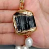 Yygem Natural Cultured White Rice Freshwater Pearl Natural Black Tourmaline Rough Gold Color Plated Pave Bracelet 8.5 240305