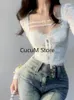 T-shirts pour femmes Sexy Crop Tops Slim Fit Blouses en dentelle pour femmes Tempérament Bandage Mode Blanc Y2k Blouse Cltohing 2024 Été