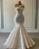 2024 Plus Size Arabische Aso Ebi Luxe Kant Kralen Trouwjurk Een Schouder Mermaid Bruidsjurken Vintage Bruidsjurken