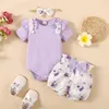 Ensembles de vêtements 2024 Summer Baby Girl Vêtements Set Purple Manches courtes Romper Fleurs Shorts avec bandeau Enfant 3pcs Outfit 0-18mois