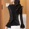 M-4XL Autumn Winter Women Tops Slim Long Sleeve Bottoming Shirt Elastic Slim Fit Ruffles Silk Bright T shirt 240311