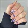 Falska naglar långt ovalt mode franska blå blommor falsk lila fjäril fl nagel tips för diy drop leverans hälsa skönhet konst salong otrvr