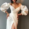 Elegant Solid Evening Prom Gowns Party Dresses for Women Sexy V Neck Puff Sleeve Dresses Black White Off Shoulder High Split Maxi 2844