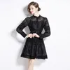 Casual Dresses 2024 French Spring Lantern Sleeve Mini Dress Luxury Women Single Breasted Lace Patchwork Embroidery Flower Belt Black