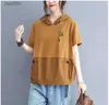 T-shirt Femme 100% coton T-shirts Femmes Casual Vintage Patchwork T-shirt Art À Capuche Court Sle Tops Tendance D'été Lâche Surdimensionné Tshirt Y2k 240311