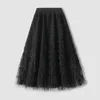 Rokken Dames A-lijn geplooide lange Tutu Ruffle Edge Mesh Vintage kuitlengte Chiffon hoog getailleerde effen kleur halve rok