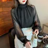 Spring and Summer Womens Long Sleeve Casual Black Lace Mesh Ruffle Collar Solid Chiffon Shirt Tops Blusas De Mujer C335 240226