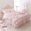 100% Cotton Floral Printed Princess Bedding Set Twin King Queen Size Pink Girls Lace Ruffle Duvet Cover Bedspread Bed Skirt Set T22383
