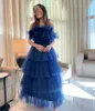 Elegant Long Blue Scalloped Evening Dresses A-Line Sleeveless Lace Up Back Ankle Length Prom Dresses Robe De Soiree Formal Party Gown for Women