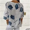 Womens Blouses Shirts Women Blouse Leaf Printed V Neck For Retro Three Quarter Sleeve Shirt With Contrast Color Soft Breathable Ladys Otkyv