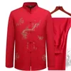 Chinese Traditional Tang Clothing Top Mandarin Collar Kung Fu Wing Chun Garment Top Short Sleeve Embroidery Dragon Shirt M-XXXL 240307