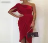 Rouge une épaule courte gaine robes de cocktail 2020 froncé volants élégant genou longueur formelle soirée robe de bal 5219524