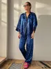 Hiloc Leopard Print Satin Sleepwear Women Women Women Womens Womens Home Clothers Fashion Three Quarter Sleeve Pajama Set 240227