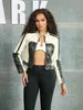 Women Fashion Chic Vintage Contrast Color Block Zipper Front Buckle Detail Crop PU Leather Moto Fall Jacket 240305